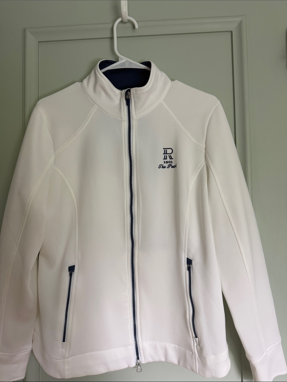 The Pearl Women's White Full-Zip Utility Jacket with Navy Trim